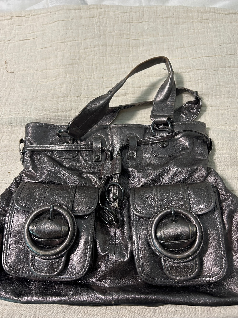 Metallic Gray Women’s Tote Bag with Front Pocket Detail